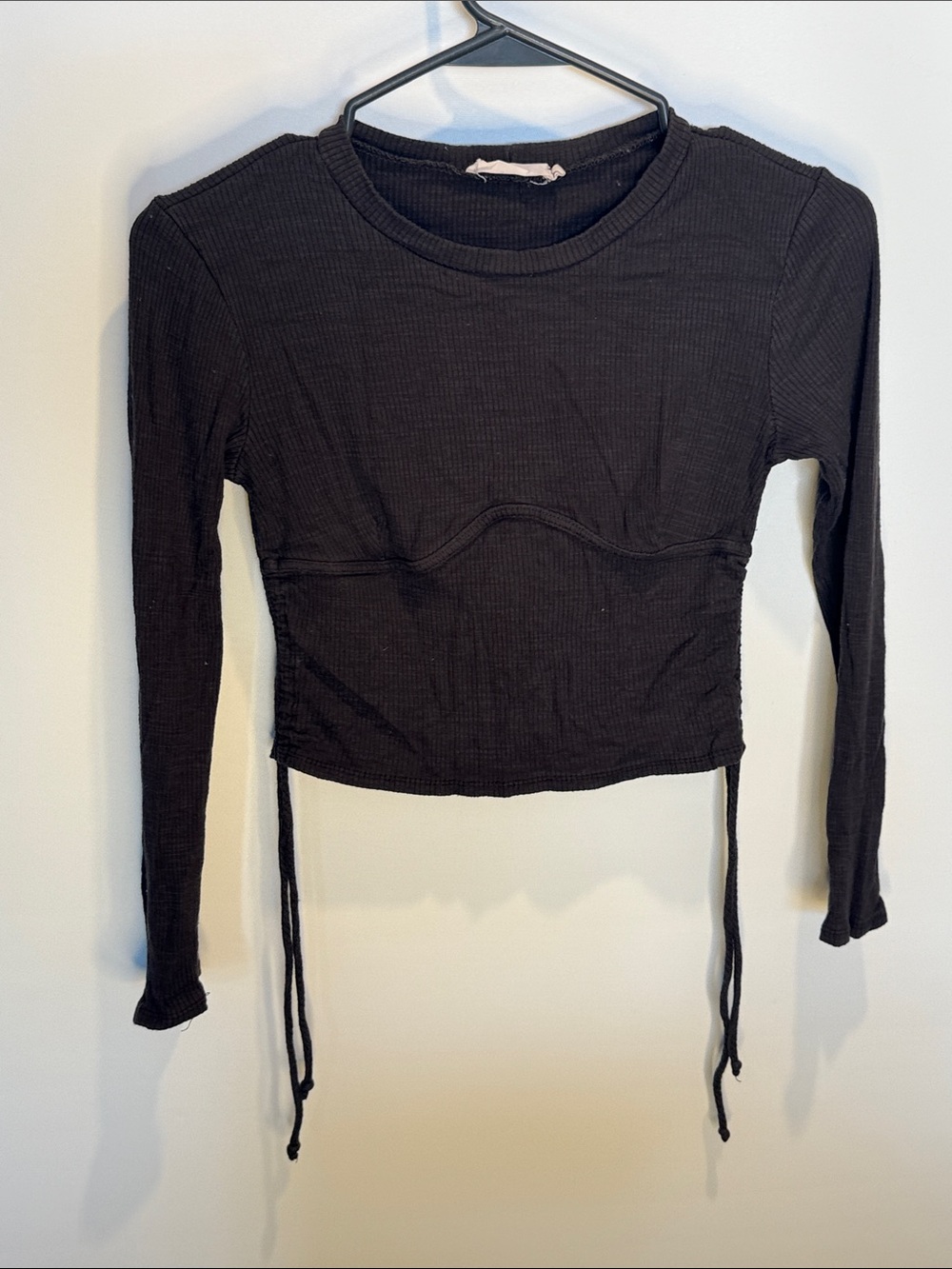 Lush Black Long-Sleeve Cropped Top with Side Ties - Women Size: S